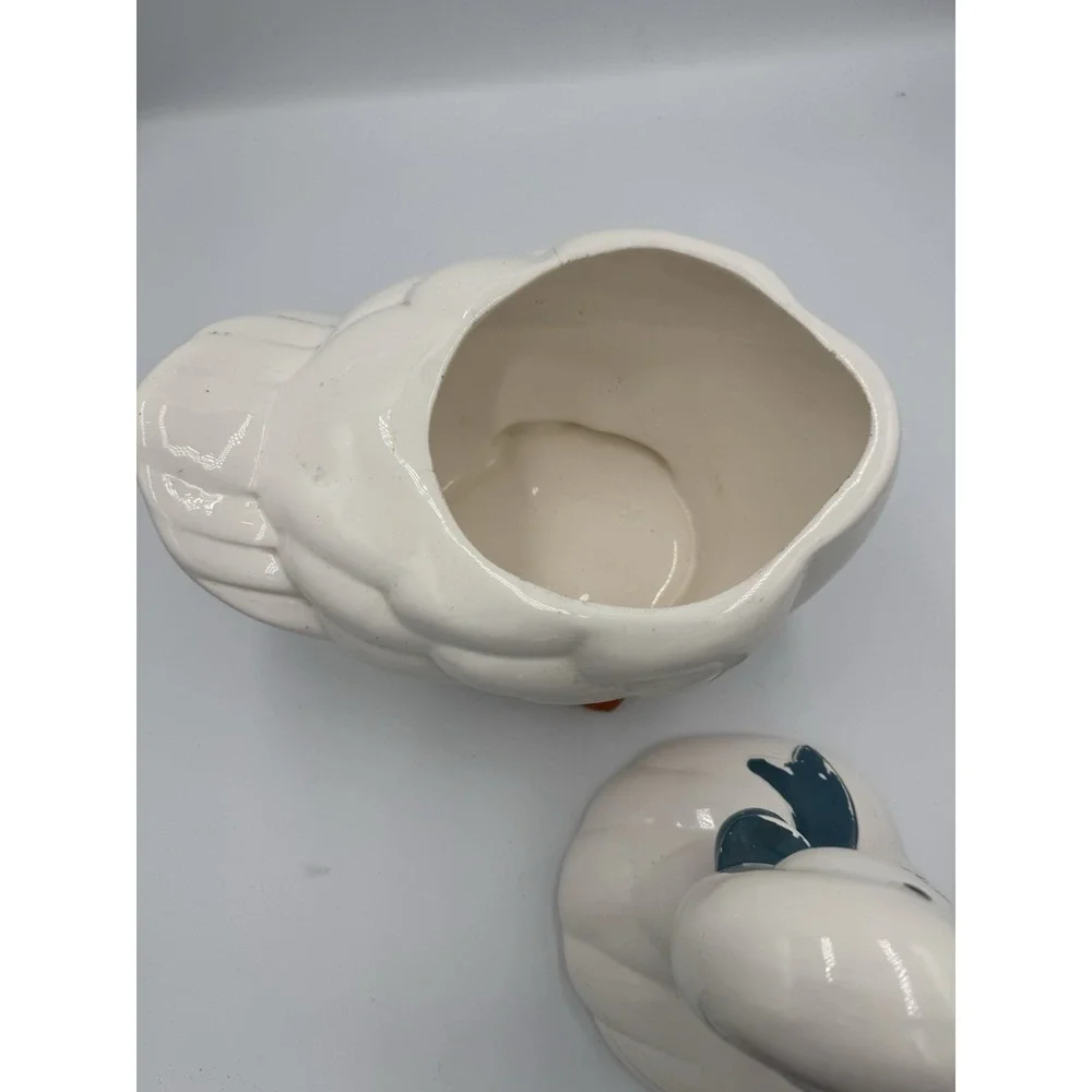 Ceramic Duck Cookie Jar with Blue Bow and Lid, Animal Kitchen Decor